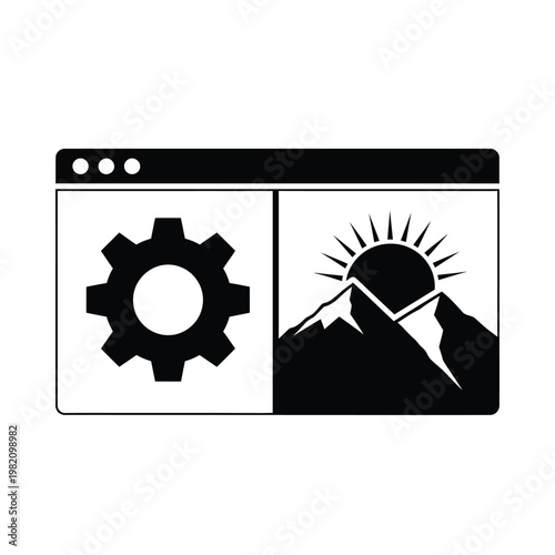 A black and white illustration depicts a browser window split into two sections a settings gear and a mountain sunrise
