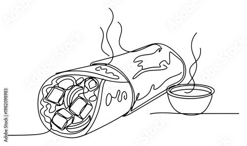 Burrito mexican wrap with dipping sauce bowl in minimalist continuous line art style