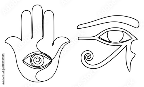 Hamsa hand and eye of horus protection symbols in minimalist line art style