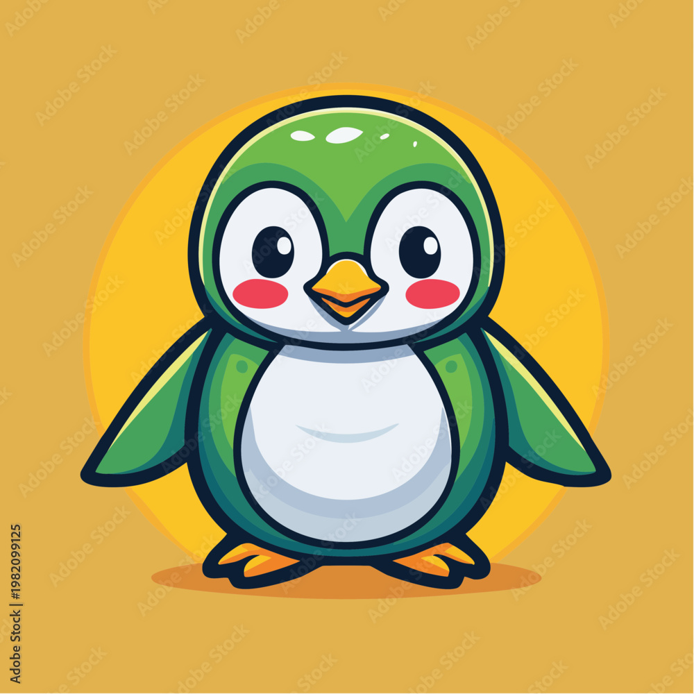 Fototapeta premium Cute cartoon green penguin character standing.