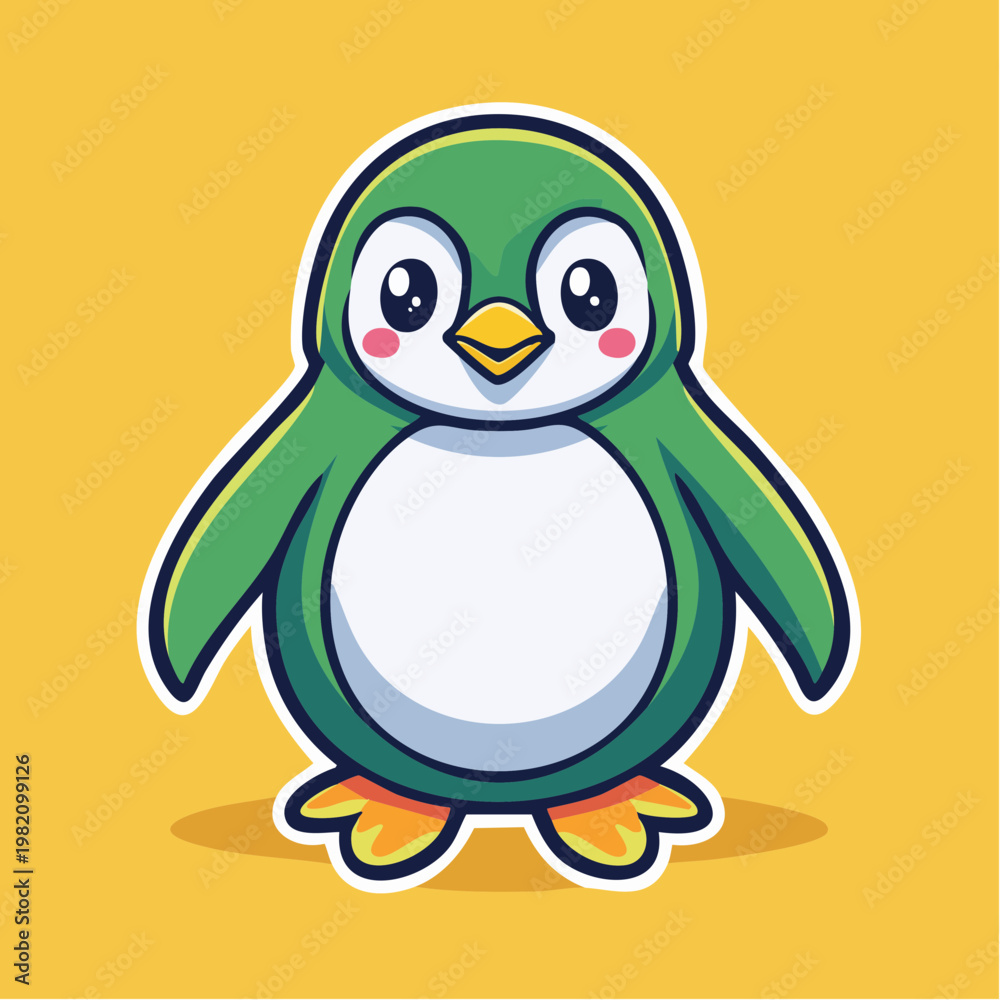 Obraz premium Cute cartoon green penguin character standing.