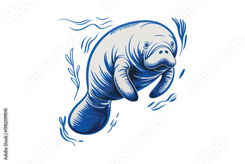 A charming vintage style illustration of a manatee swimming gracefully with wave like lines ideal for designs on transparent background.