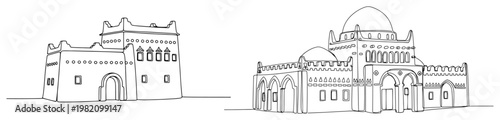Traditional Middle Eastern buildings and mosque architecture in continuous line art style