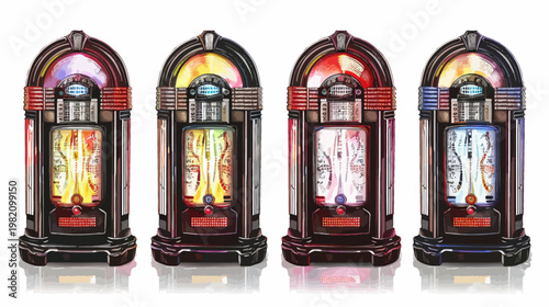 Four vintage jukeboxes in varying colors with a watercolor effect stand side-by-side