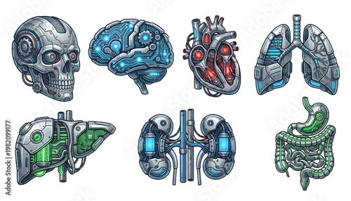 futuristic cybernetic human internal organs vector set with transparent background