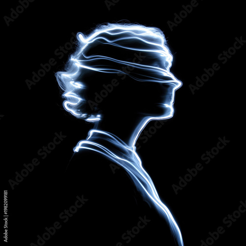 Electric light outline of female face in dark