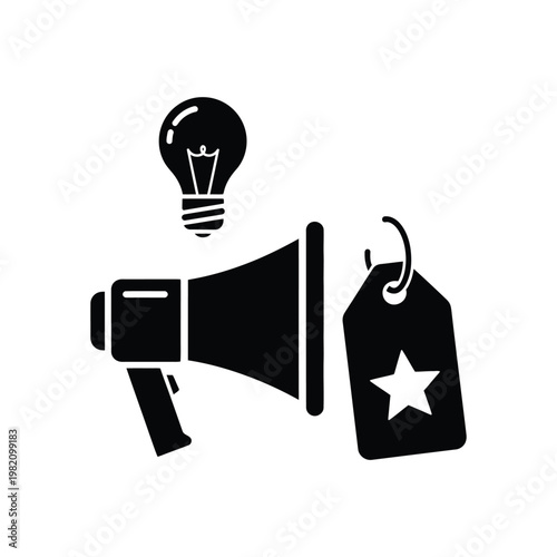 A black silhouette depicts a lightbulb megaphone and tag with a star representing ideas and promotion high quality professional detailed