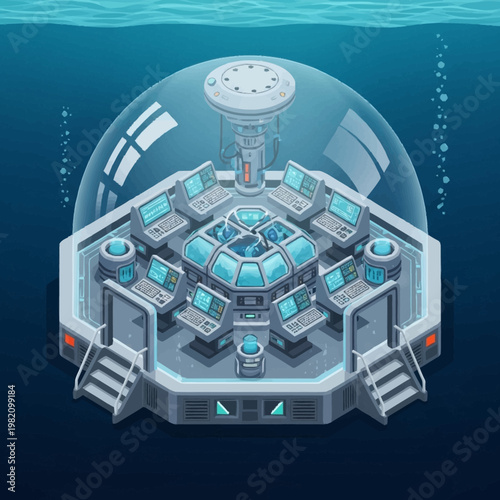Futuristic underwater server room with multiple computers and glowing lights inside a glass dome.