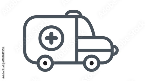 Ambulance emergency vehicle vector icon illustration. Minimalist black line art symbol of a medical transport van with a cross sign and siren for healthcare, first aid, and hospital services.