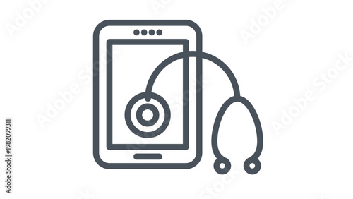 Minimalist black vector icon of a smartphone and stethoscope symbolizing telemedicine, digital health, mobile healthcare apps, online medical consultation, and remote patient monitoring services.
