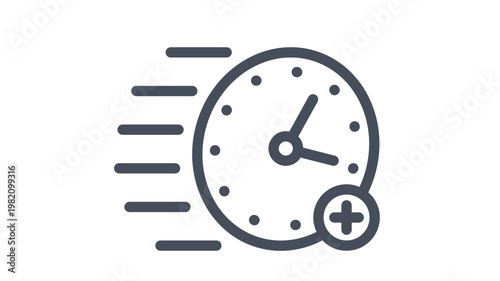 Fast Time and Add Time Vector Icon Illustration. Minimalist Black Line Art Symbol Depicting a Clock with Motion Lines and a Plus Sign, Representing Overtime, Speed, Efficiency, and Scheduling.