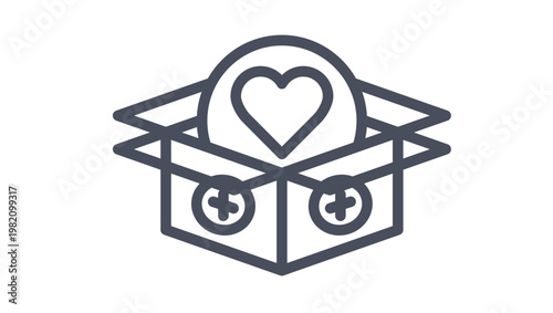 Minimalist black vector icon illustration of an open donation box featuring a heart symbol and medical plus signs, symbolizing humanitarian aid, charity care packages, and healthcare support.