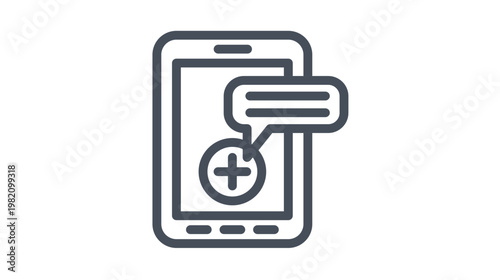 Black line vector icon illustration of a smartphone screen with a plus sign button and a speech bubble, representing adding a new contact, starting a chat, or mobile messaging notification.