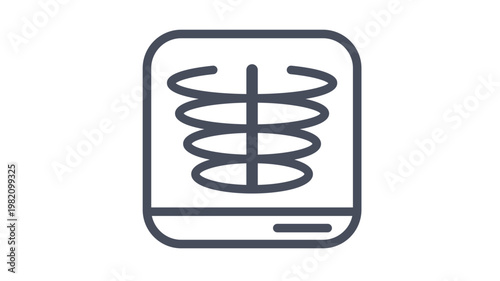 Black line vector icon illustration of a chest X-ray showing the rib cage and spine on a medical diagnostic screen, representing radiology, healthcare, skeletal examination, and bone health.