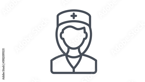 Minimalist black line art vector icon of a female nurse wearing a traditional medical cap with a cross symbol, representing healthcare, medical profession, nursing care, and hospital staff.