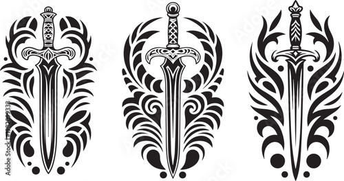 Set of decorative tribal sword silhouettes with ornate flourishes and mystical filigree patterns now