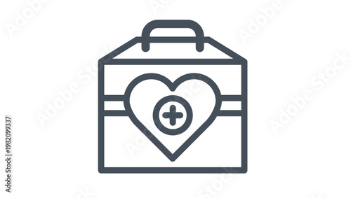 Minimalist first aid kit vector icon featuring a heart shape with a medical cross symbol, representing healthcare, emergency services, and heart health in a clean black line art illustration.