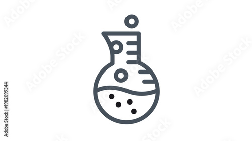 Laboratory boiling flask vector icon with liquid and bubbles, minimalist black line art illustration for science, chemistry research, medical testing, education, and pharmaceutical experiments.