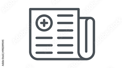 Medical news icon featuring a newspaper with a healthcare cross symbol, representing health reports, medical journals, and healthcare information, minimalist vector illustration on white background.