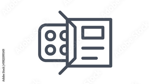 Minimalist black line vector icon illustration of a medicine box with a blister pack of pills or tablets, symbolizing pharmacy, healthcare, medication, and pharmaceutical products.