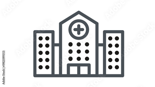 Hospital building vector icon featuring a central medical cross symbol and side wings. Minimalist black line illustration of a healthcare facility, clinic, or infirmary for medical design.