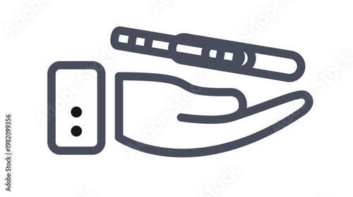Vector icon illustration of a hand holding a positive pregnancy test stick with two lines. Black silhouette symbol representing pregnancy, motherhood, family planning, and healthcare.