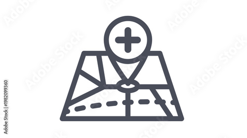 Black vector icon illustration of a map with a location pin and a plus sign symbol, representing adding a new destination, finding a hospital, or medical center location on a navigation app.