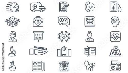 25 Medical and Healthcare Vector Icon Set Collection. Black Line Art Symbols for Hospital, Stethoscope, Ambulance, First Aid, Nurse, Doctor, Microscope, X-ray, Telemedicine, Wellness, and Pharmacy.