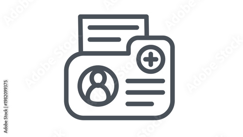 Medical patient file folder vector icon featuring a person profile and plus symbol. Minimalist black line art illustration of healthcare records, medical history, and clinical documentation symbol.