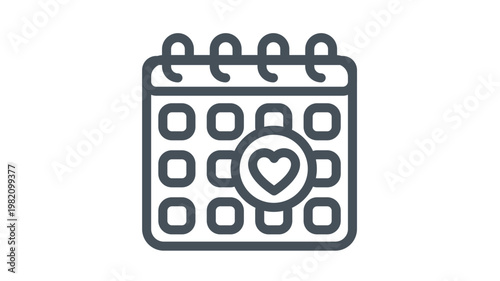 Minimalist black vector line art icon of a calendar with a heart symbol marking a special date, perfect for representing anniversaries, wedding planning, Valentine's Day, or romantic events.
