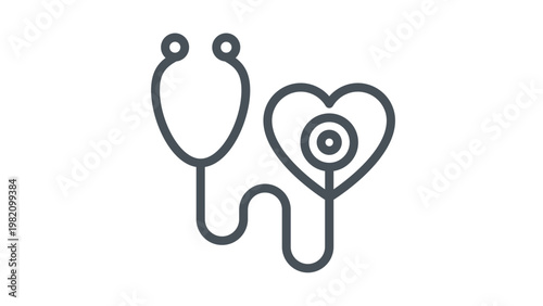 Minimalist black line vector icon illustration of a stethoscope integrated with a heart symbol, representing cardiology, heart health, medical checkups, diagnostic tools, and healthcare.