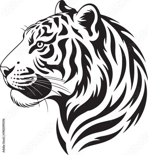 Majestic tiger profile silhouette with bold striped patterns and fierce predatory expression for art