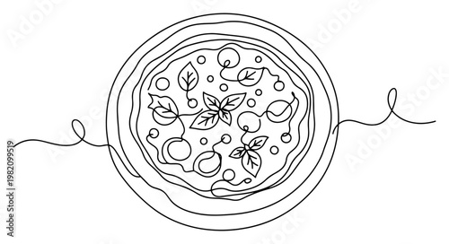 Italian pizza with basil and tomatoes in minimalist continuous line art style