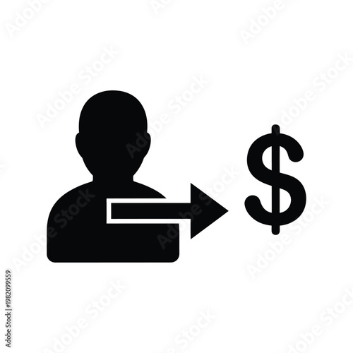 A simple black silhouette depicts a person sending money illustrated with an arrow pointing toward a dollar sign high quality