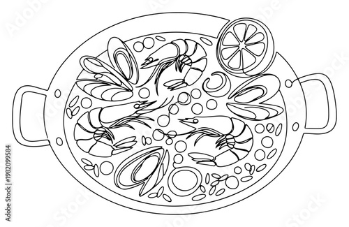 Seafood paella with shrimp and mussels in traditional pan line art style