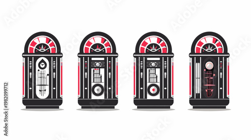 Row of four stylized vintage jukeboxes in black, white, and red on a white background
