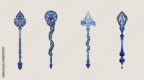 Four ornate, blue, vintage scepters/staffs with unique designs against a neutral background
