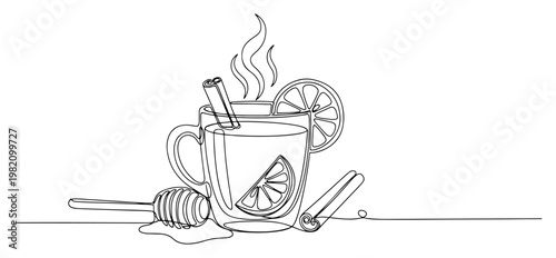 Hot herbal tea with lemon slices cinnamon sticks and honey dipper in minimalist continuous line art style