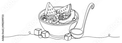 Fruit salad bowl with watermelon slices berries ice cubes and ladle in minimalist continuous line art style