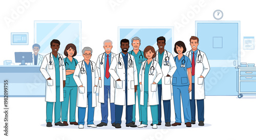 Diverse group of medical professionals, including doctors and nurses, standing in a hospital corridor, representing a healthcare team.