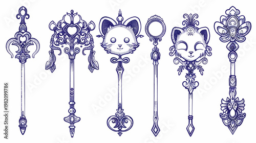 Whimsical illustration showcasing a collection of intricately designed, ornate, vintage-style keys