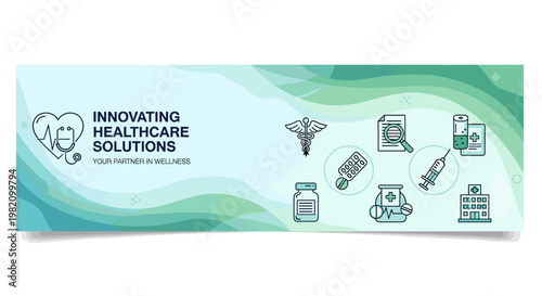 A banner promoting innovative healthcare solutions with medical icons and a stethoscope heart logo on a green and blue wavy background.