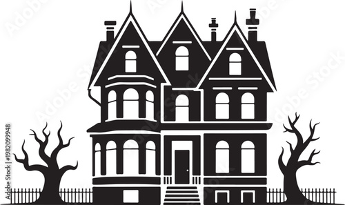 Silhouette of haunted house with dead trees and fence, black vector graphic for Halloween design