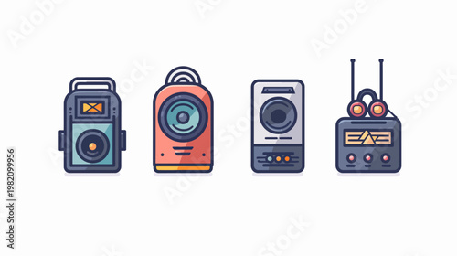 Four colorful, stylized illustrations of retro electronic devices stand against white