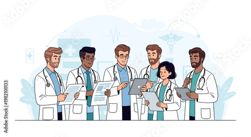 A diverse group of six medical professionals, including five men and one woman, wearing lab coats and stethoscopes, collaborating and discussing patient files or medical data.