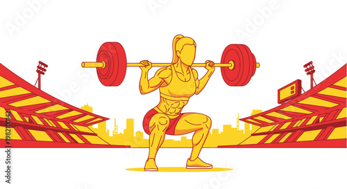 Woman weightlifting squatting with barbell on stadium background, fitness illustration