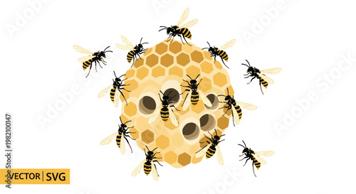 Wasp Nest with Wasps Swarming Around - Vector Illustration