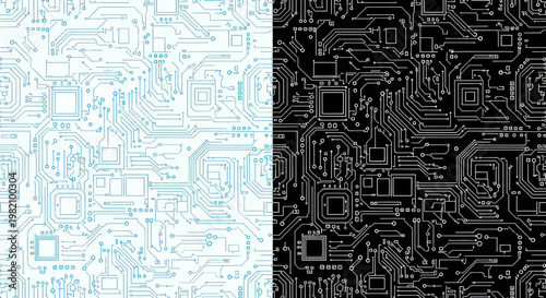 Digital Circuit Board Pattern - Blue and White vs Black and White