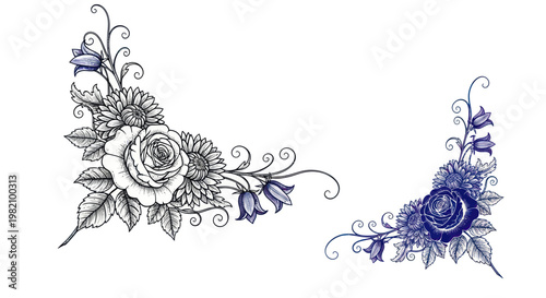 Elegant Floral Corner Designs: Rose, Sunflower, Bellflower Illustrations