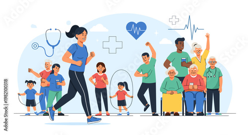 Diverse group of people of all ages promoting health and wellness, with medical symbols in the background.